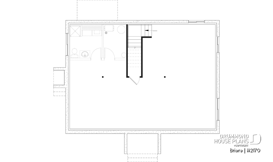 Unfinished basement - Affordable bungalow house plan, 2 to 4 bedrooms, optional finished basement ($), kitchen island - Briere
