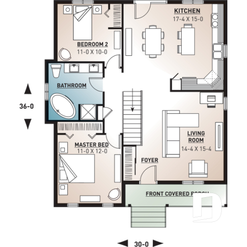 1st level - One-story economical home with open floor plan, kitchen with island, large full bathroom - Kara