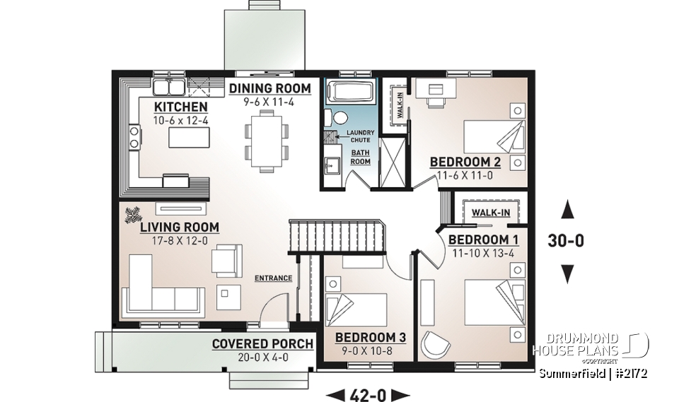 1st level - Classic ranch-style bungalow house plan with 3 bedrooms, open layout and covered front porch - Summerfield