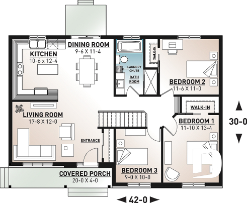 1st level - Classic ranch-style bungalow house plan with 3 bedrooms, open layout and covered front porch - Summerfield