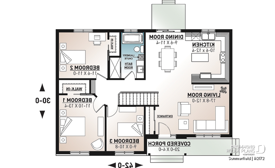 1st level - Classic ranch-style bungalow house plan with 3 bedrooms, open layout and covered front porch - Summerfield