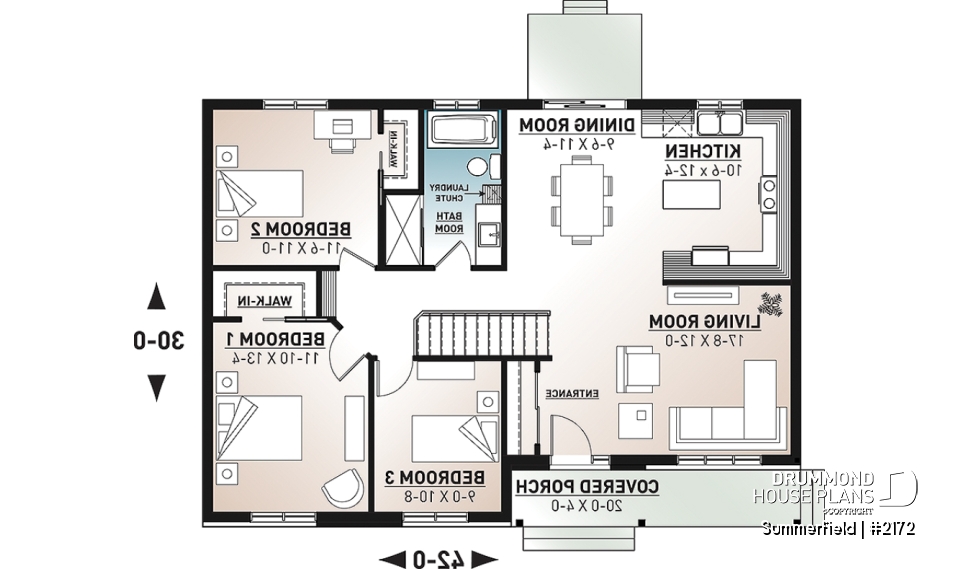 1st level - Classic ranch-style bungalow house plan with 3 bedrooms, open layout and covered front porch - Summerfield