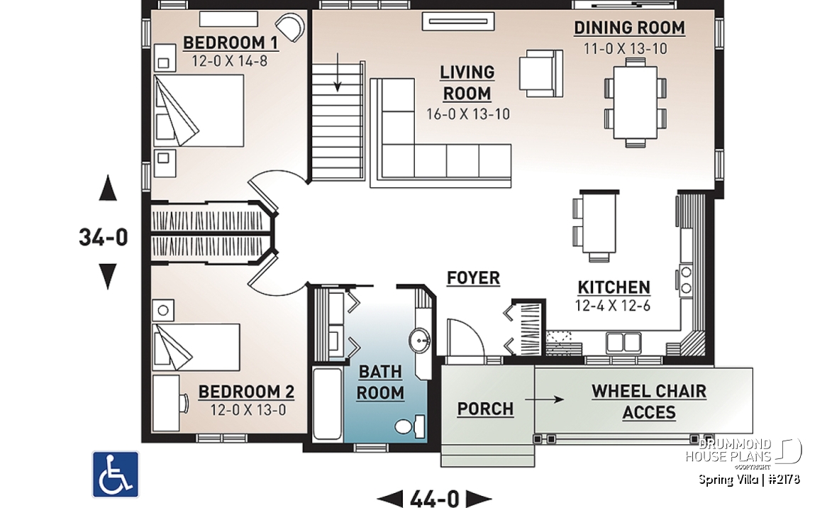 1st level - Floor plan offering easier mobility (wheel chair accessible), spacious kitchen, dining and living, 2 bedrooms - Spring Villa