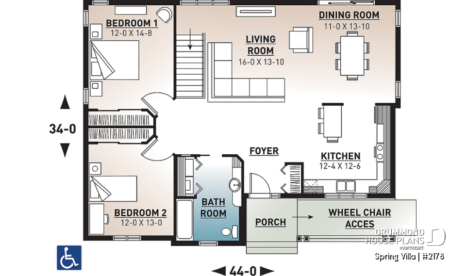 1st level - Floor plan offering easier mobility (wheel chair accessible), spacious kitchen, dining and living, 2 bedrooms - Spring Villa