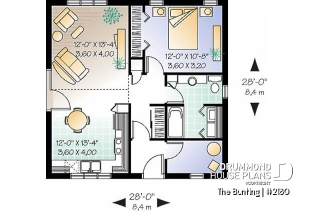 1st level - Low budget cabin style home with one bedroom, cathedral ceiling, open floor plan concept, laundry room - The Bunting