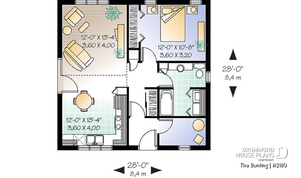 1st level - Low budget cabin style home with one bedroom, cathedral ceiling, open floor plan concept, laundry room - The Bunting