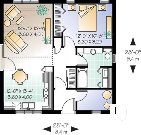 1st level - Low budget cabin style home with one bedroom, cathedral ceiling, open floor plan concept, laundry room - The Bunting