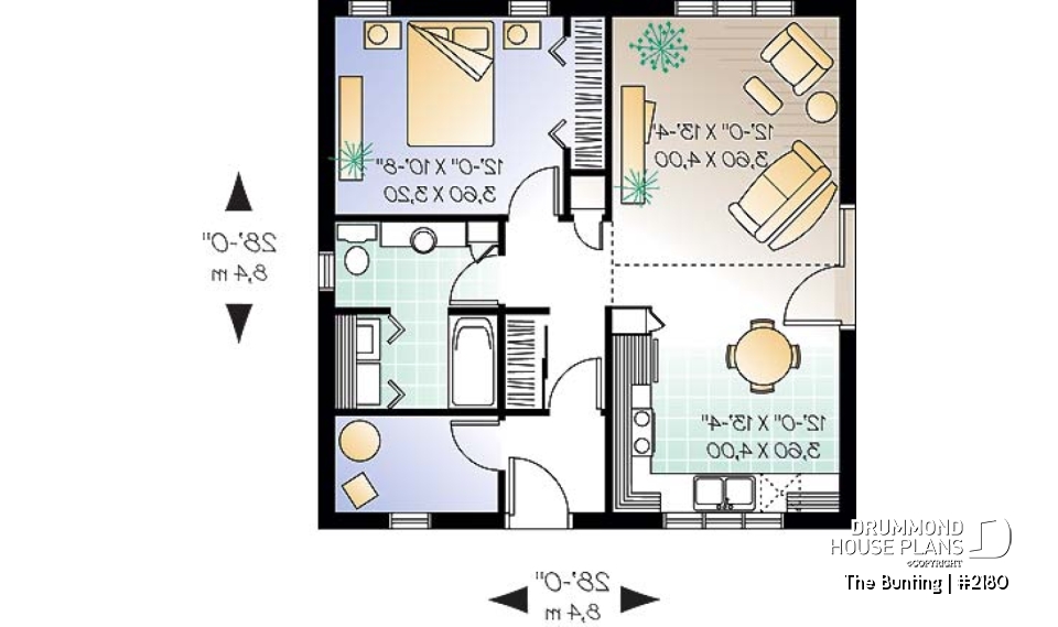 1st level - Low budget cabin style home with one bedroom, cathedral ceiling, open floor plan concept, laundry room - The Bunting
