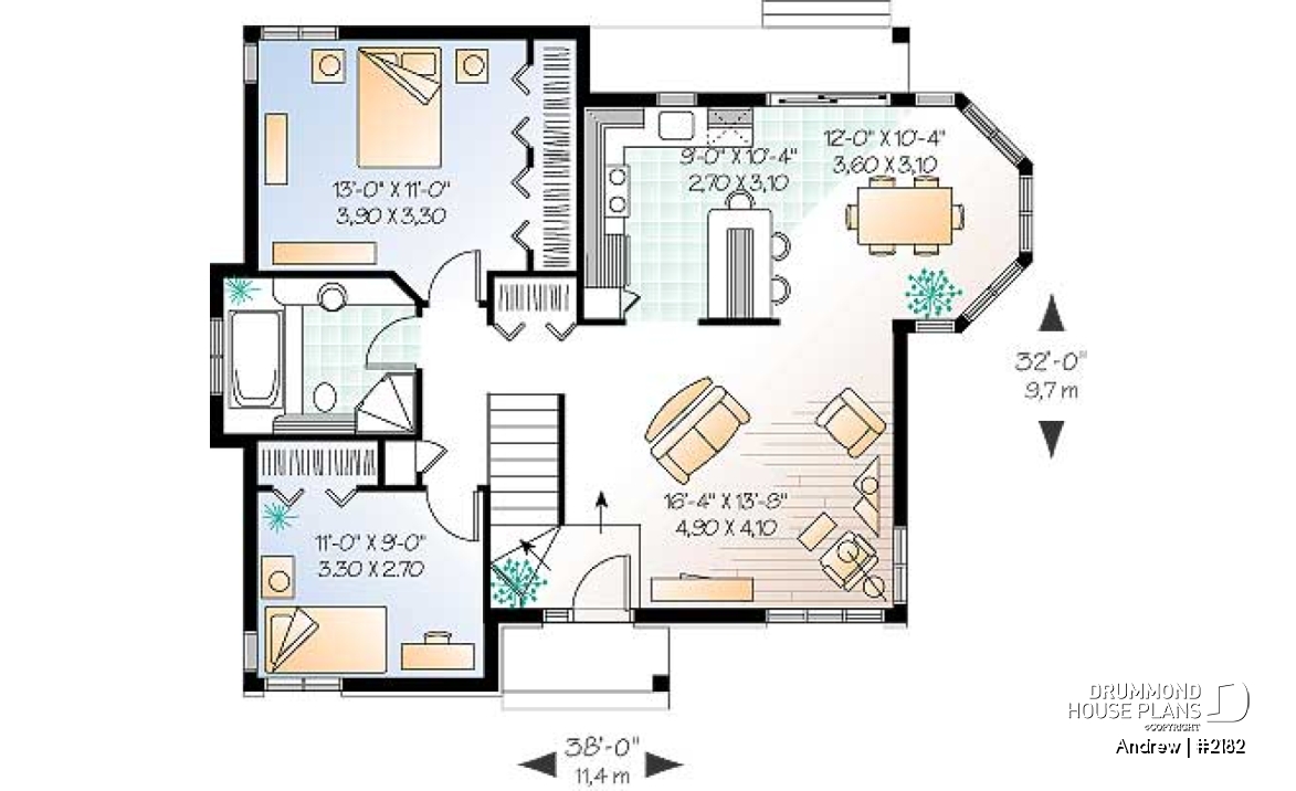 1st level - Charming small 2 bedroom country style house plan with lots of natural light - Andrew