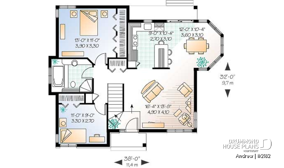 1st level - Charming small 2 bedroom country style house plan with lots of natural light - Andrew