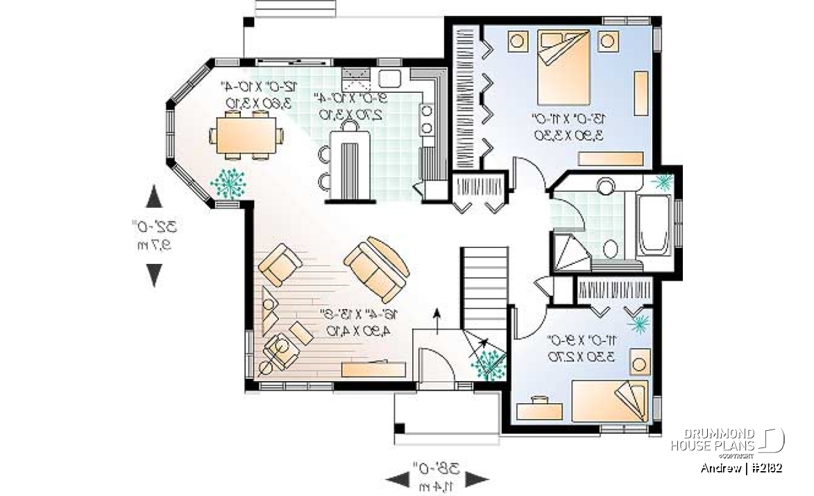 1st level - Charming small 2 bedroom country style house plan with lots of natural light - Andrew