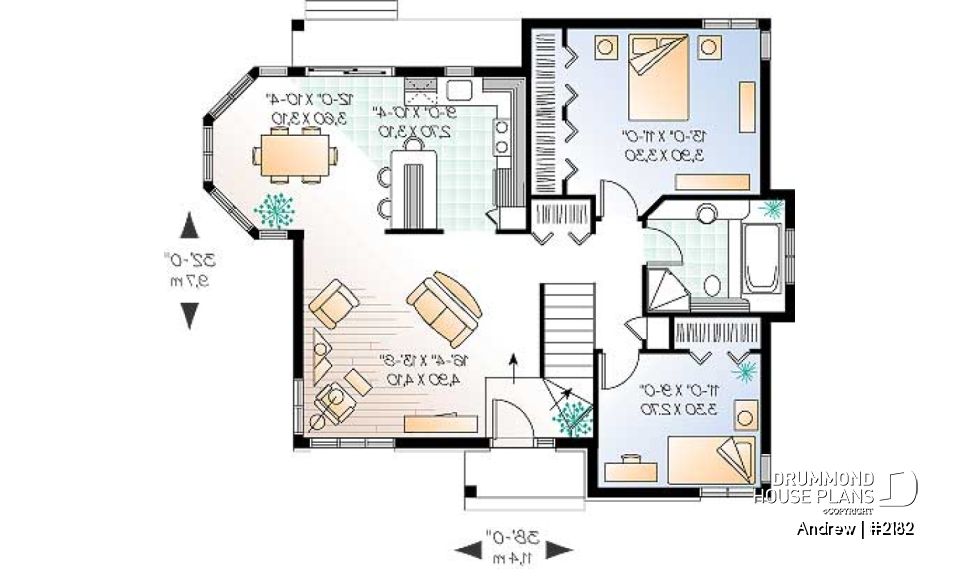 1st level - Charming small 2 bedroom country style house plan with lots of natural light - Andrew