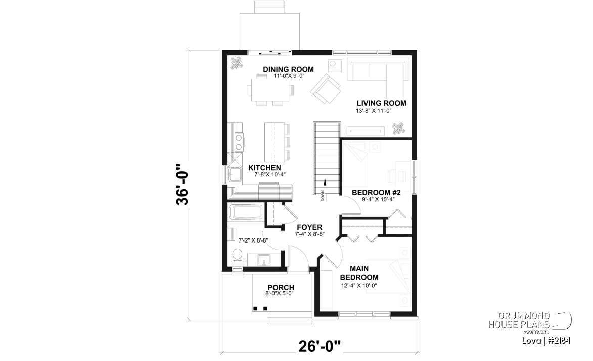 1st level - Affordable small home plan, 2 to 4 bedrooms, open-concept layout, optional finished basement ($) - Lova