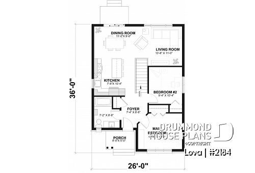 1st level - Budget friendly small craftsman home under 1000 sq.ft. and 2 bedroom, open floor plan layout - Lova