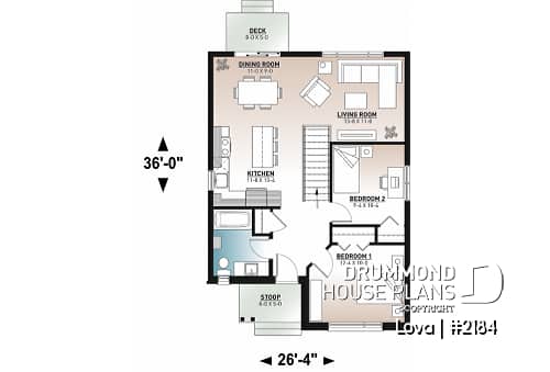 1st level - Budget friendly small craftsman home under 1000 sq.ft. and 2 bedroom, open floor plan layout - Lova