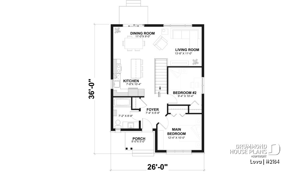 1st level - Affordable small home plan, 2 to 4 bedrooms, open-concept layout, optional finished basement ($) - Lova