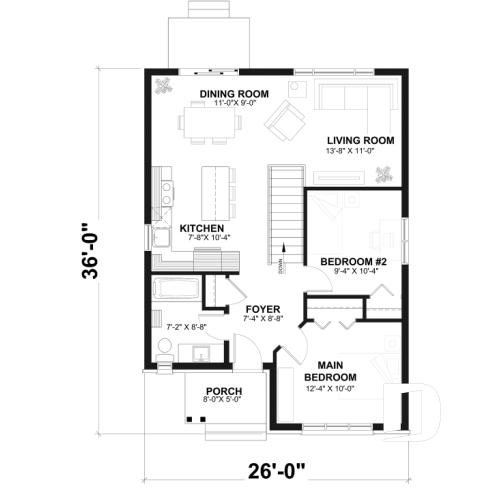 1st level - Affordable small home plan, 2 to 4 bedrooms, open-concept layout, optional finished basement ($) - Lova