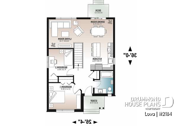 1st level - Budget friendly small craftsman home under 1000 sq.ft. and 2 bedroom, open floor plan layout - Lova