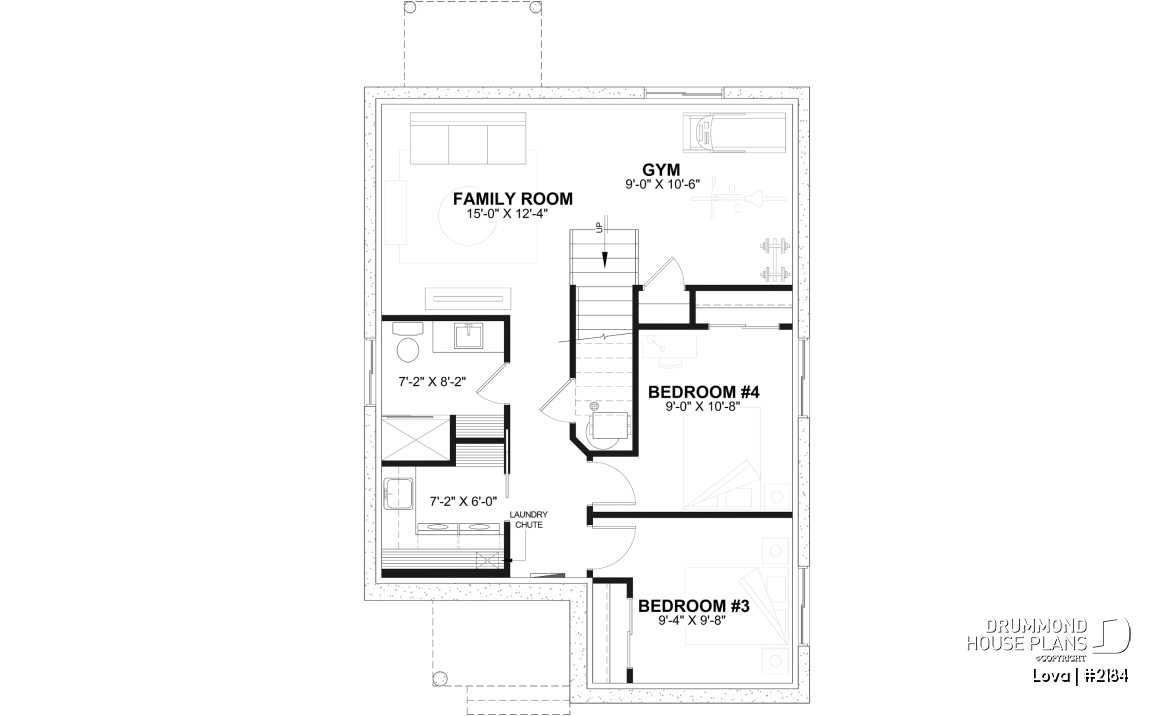 Finished basement (Optional $) - Affordable small home plan, 2 to 4 bedrooms, open-concept layout, optional finished basement ($) - Lova