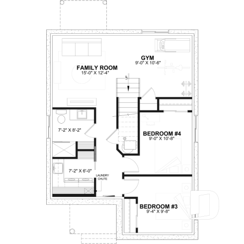 Finished basement (Optional $) - Affordable small home plan, 2 to 4 bedrooms, open-concept layout, optional finished basement ($) - Lova