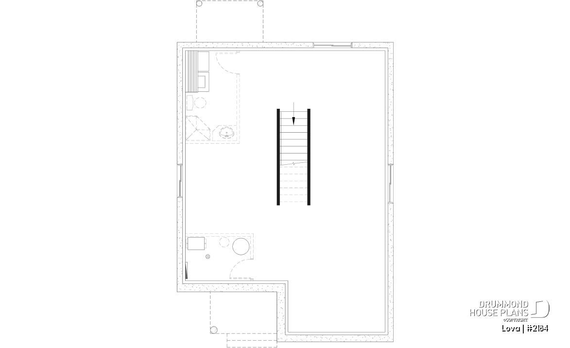 Unfinished basement - Affordable small home plan, 2 to 4 bedrooms, open-concept layout, optional finished basement ($) - Lova