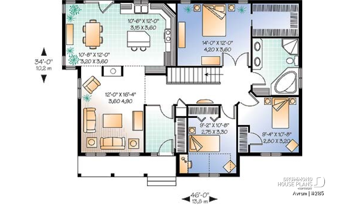 1st level - 3 bedroom low-budget ranch style house plan, walk-in in master, 2-sided fireplace, 10' celing in family room - Avram