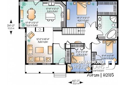 1st level - 3 bedroom low-budget ranch style house plan, walk-in in master, 2-sided fireplace, 10' celing in family room - Avram