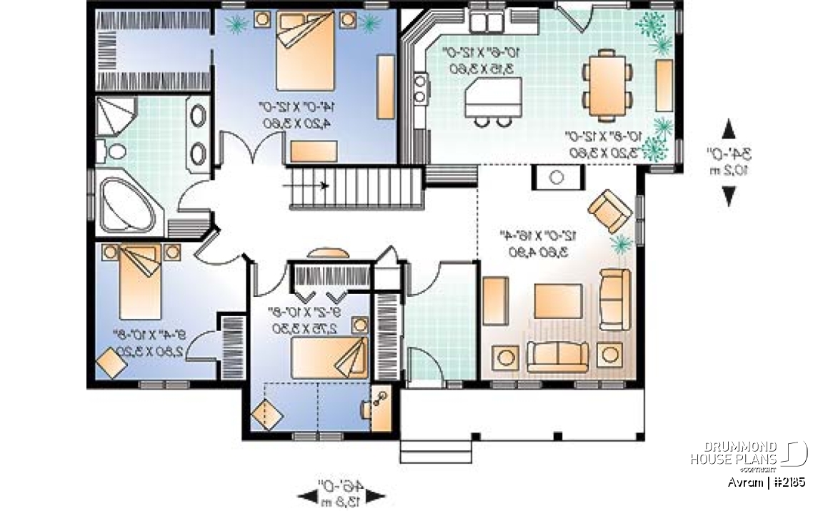 1st level - 3 bedroom low-budget ranch style house plan, walk-in in master, 2-sided fireplace, 10' celing in family room - Avram