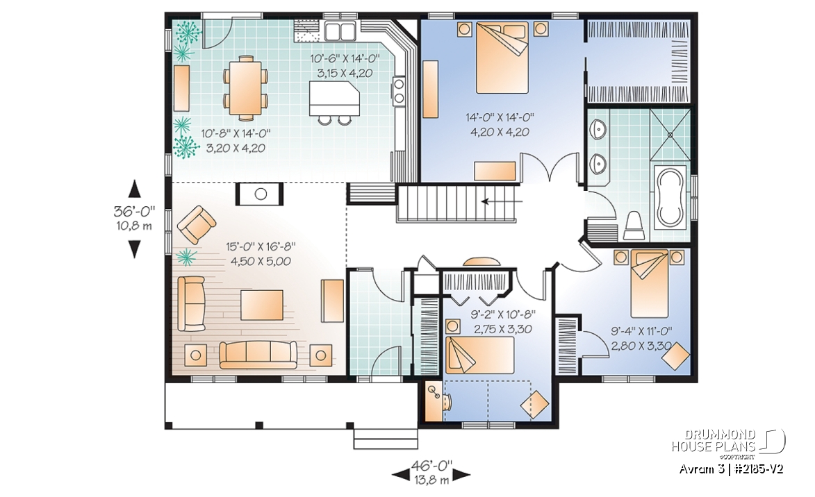 1st level - Affordable one-storey ranch house plan, 3 bedrooms, open layout, 10' ceiling in living, low construction costs - Avram 3