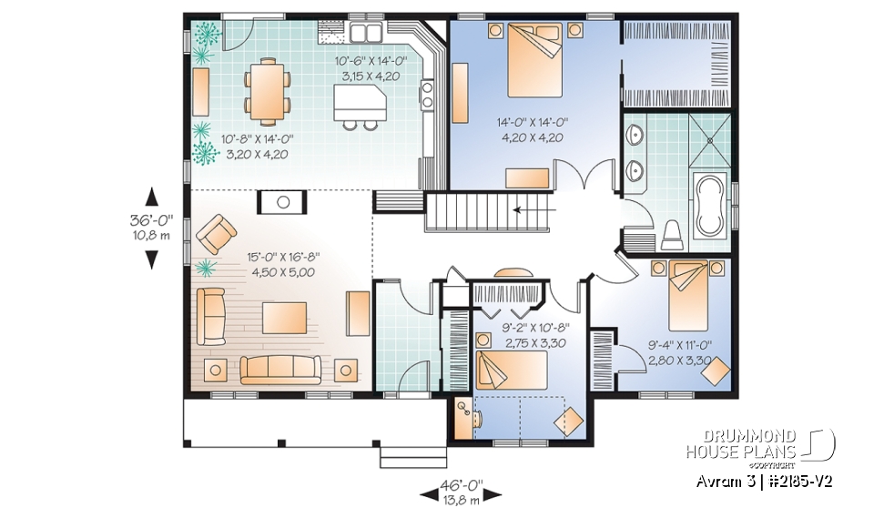 1st level - Affordable one-storey ranch house plan, 3 bedrooms, open layout, 10' ceiling in living, low construction costs - Avram 3