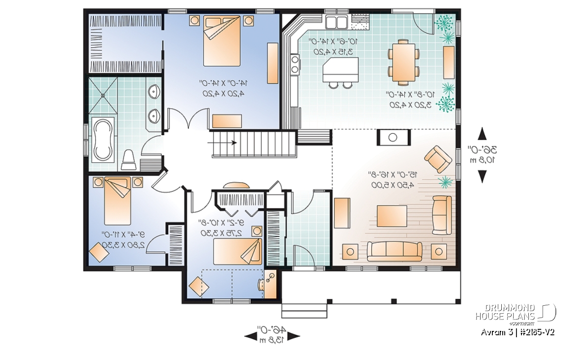 1st level - Affordable one-storey ranch house plan, 3 bedrooms, open layout, 10' ceiling in living, low construction costs - Avram 3