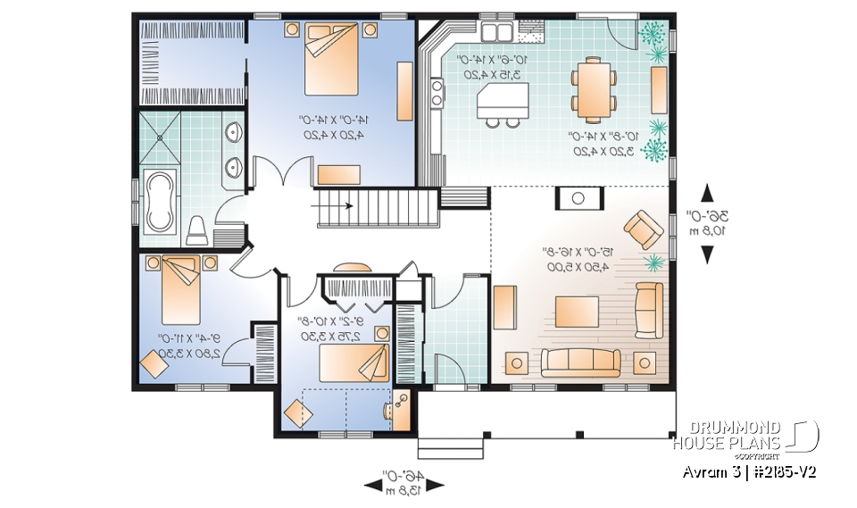 1st level - Affordable one-storey ranch house plan, 3 bedrooms, open layout, 10' ceiling in living, low construction costs - Avram 3