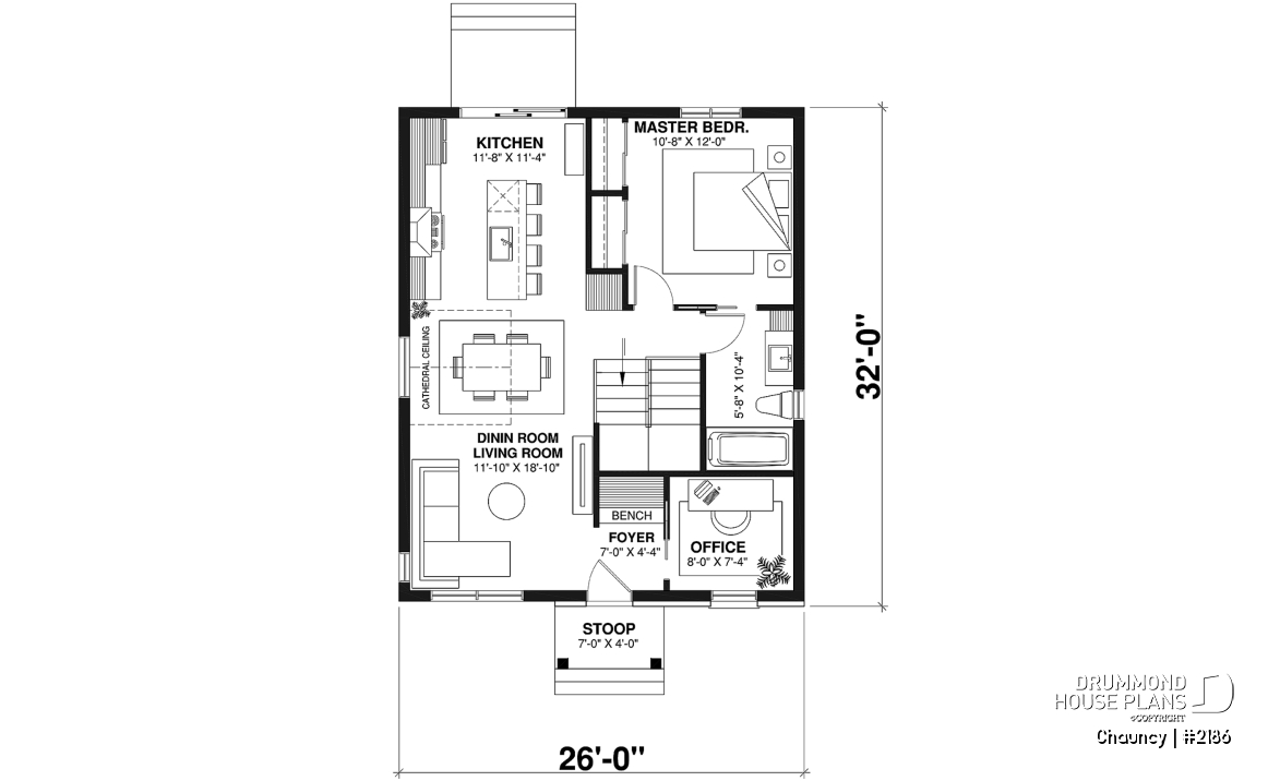 1st level - Low-cost one-story empty nester, 1 bedroom + 1 office, open floor plan, trending style - Chauncy