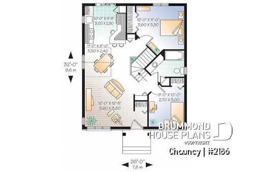 1st level - Low-cost one-story starter house plan, 2 bedrooms and great open floor plan layout, partial cathedral ceiling - Chauncy
