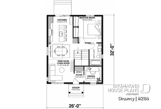1st level - Low-cost one-story empty nester, 1 bedroom + 1 office, open floor plan, trending style - Chauncy