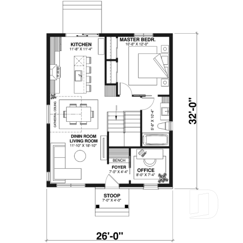 1st level - Low-cost one-story empty nester, 1 bedroom + 1 office, open floor plan, trending style - Chauncy