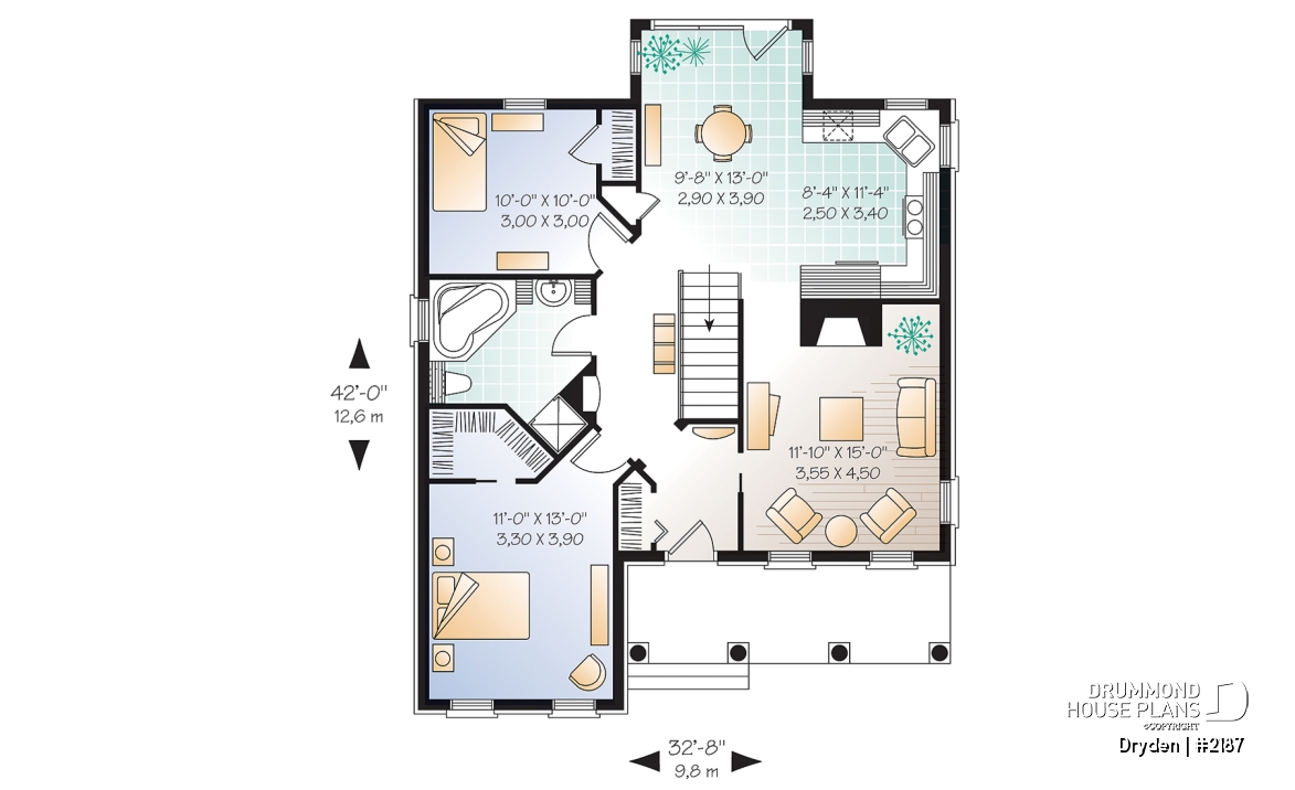 1st level - European home design, 2 bedroom floor plan, rustic style, fireplace, covered front balcony - Dryden