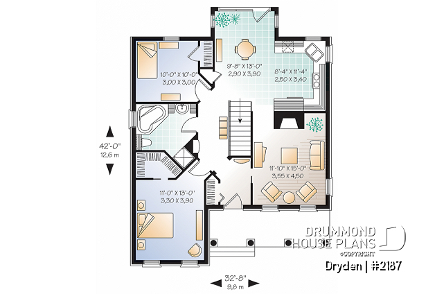 1st level - European home design, 2 bedroom floor plan, rustic style, fireplace, covered front balcony - Dryden