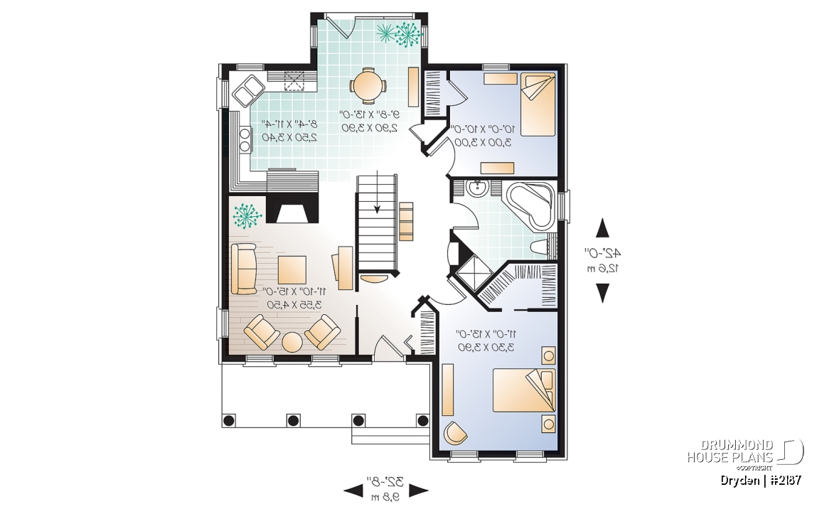 1st level - European home design, 2 bedroom floor plan, rustic style, fireplace, covered front balcony - Dryden