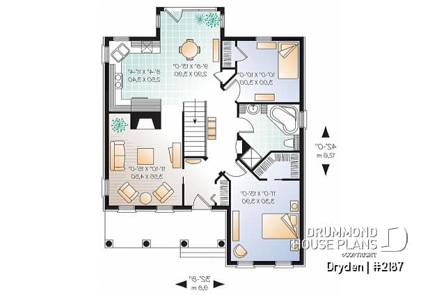 1st level - European home design, 2 bedroom floor plan, rustic style, fireplace, covered front balcony - Dryden