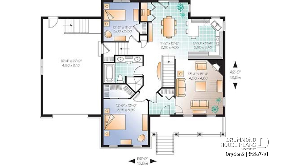 1st level - Affordable Small Country house plan, great floor plan layout, 3 to 4 bedroom with home theater and garage - Dryden2