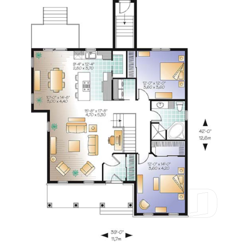 1st level - Popular single storey home plan with large living room and kitchen island, pantry - Dryden 3