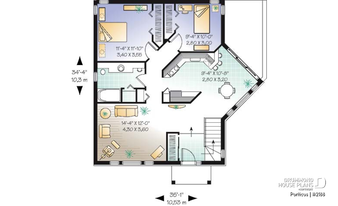 1st level - One-storey 2 bedroom house plan with lots of natural light - Porticus