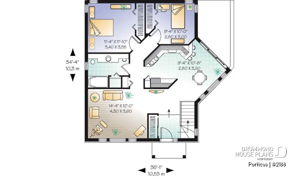 1st level - One-storey 2 bedroom house plan with lots of natural light - Porticus