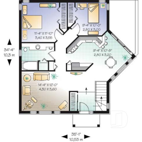 1st level - One-storey 2 bedroom house plan with lots of natural light - Porticus