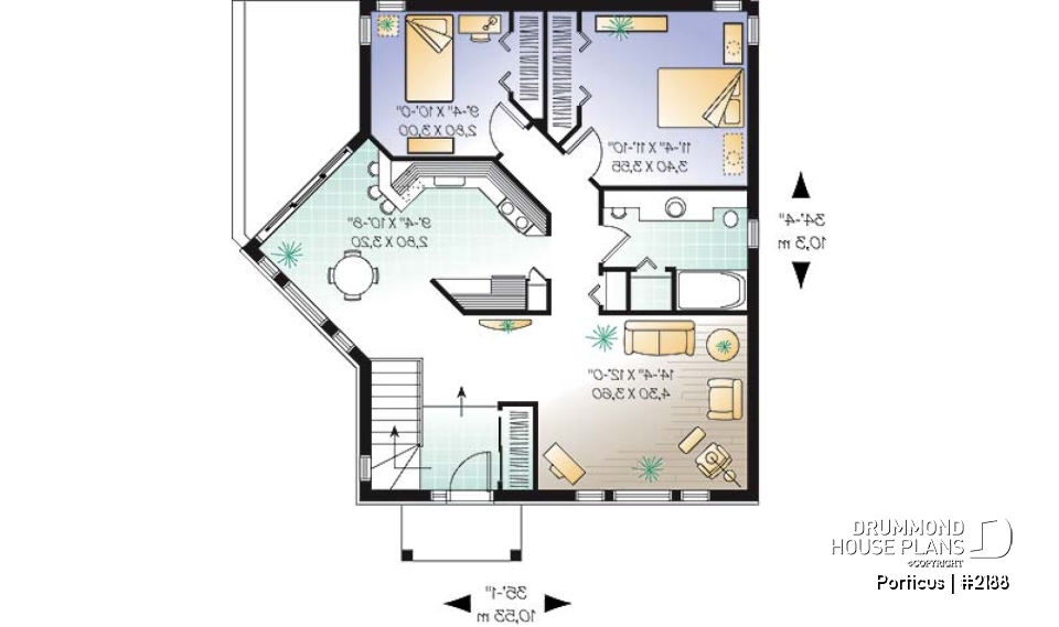 1st level - One-storey 2 bedroom house plan with lots of natural light - Porticus