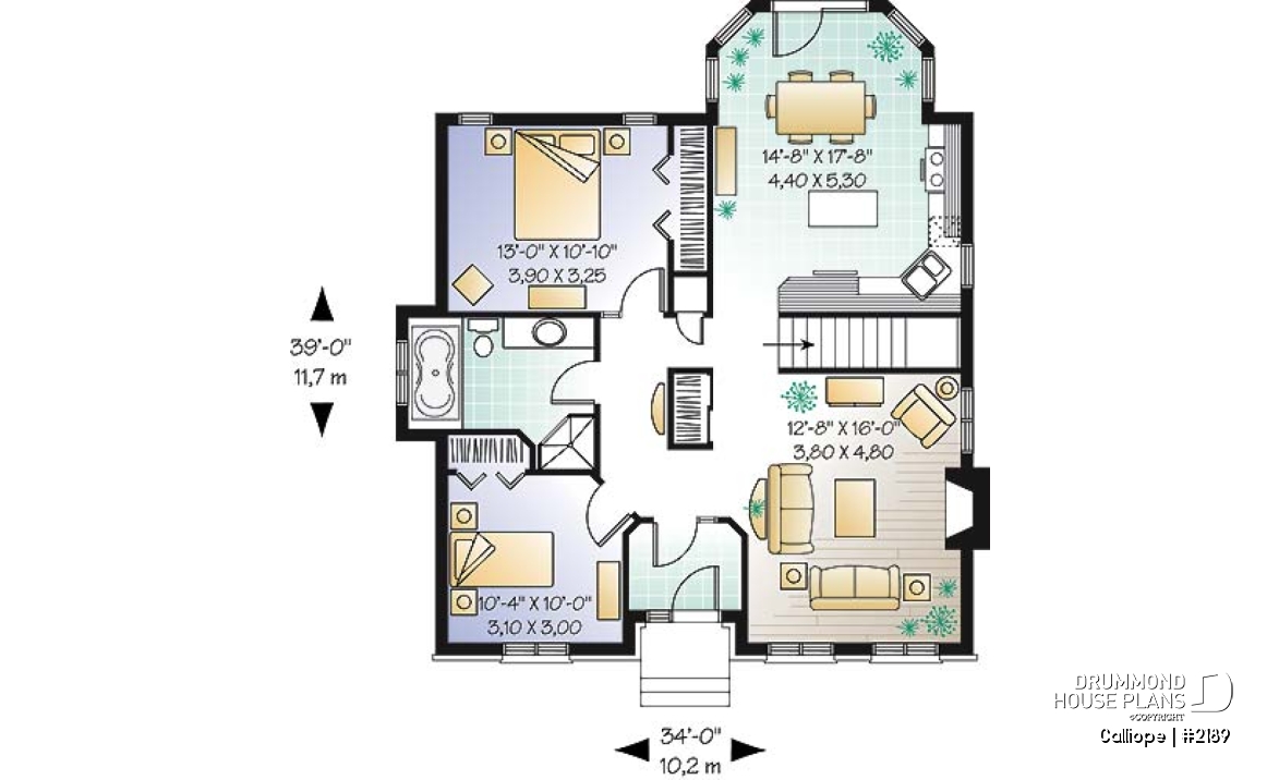 1st level - affordable one-storey home, ideal starter house plan, 2 bedrooms, lots of natural light, fireplace - Calliope