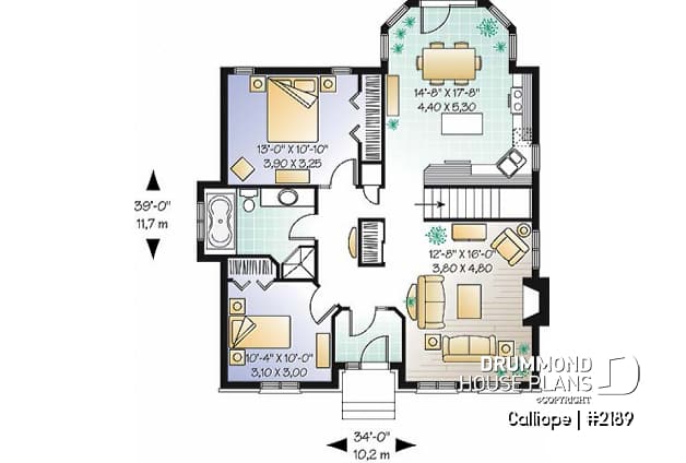 1st level - affordable one-storey home, ideal starter house plan, 2 bedrooms, lots of natural light, fireplace - Calliope