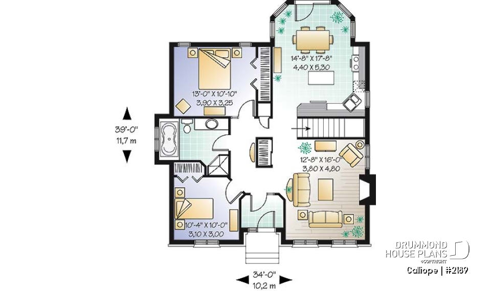 1st level - affordable one-storey home, ideal starter house plan, 2 bedrooms, lots of natural light, fireplace - Calliope