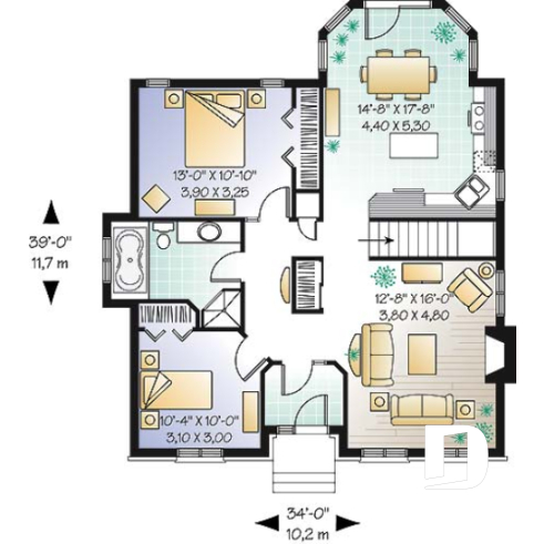 1st level - affordable one-storey home, ideal starter house plan, 2 bedrooms, lots of natural light, fireplace - Calliope
